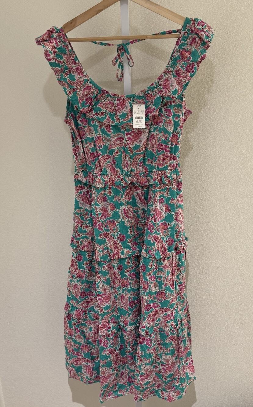 J. Crew Midi Dress 6 Pink Teal Green Floral Ruffle Layered Cotton Tiered NWT